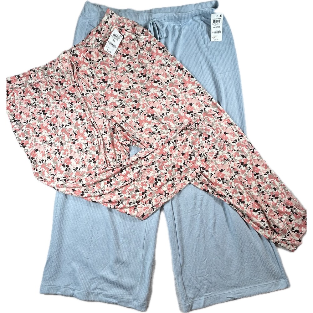 Jenni & Charter Club Women's 2 Pair Pajama Pants Blue Ribbed & Floral XXL 2X NWT